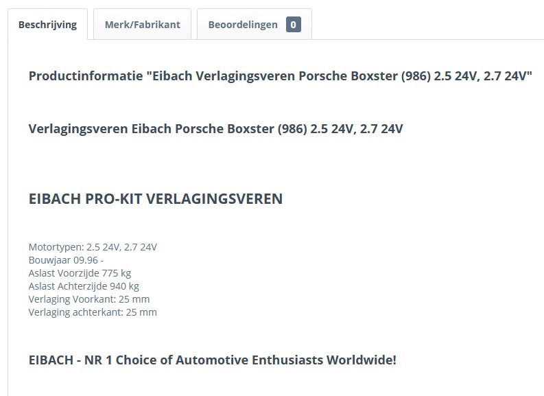 #80095 - Eibach Verlagingsveren Porsche Boxster (986) 2.5 24V, 2.7 24V #80095 - Eibach Verlagingsveren Porsche Boxster (986) 2.5 24V, 2.7 24V